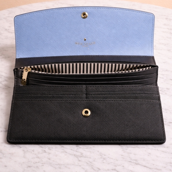 Kate Spade Two-Tone Blue and Black Wallet With Signature Striped Interior. - Picture 3 of 4